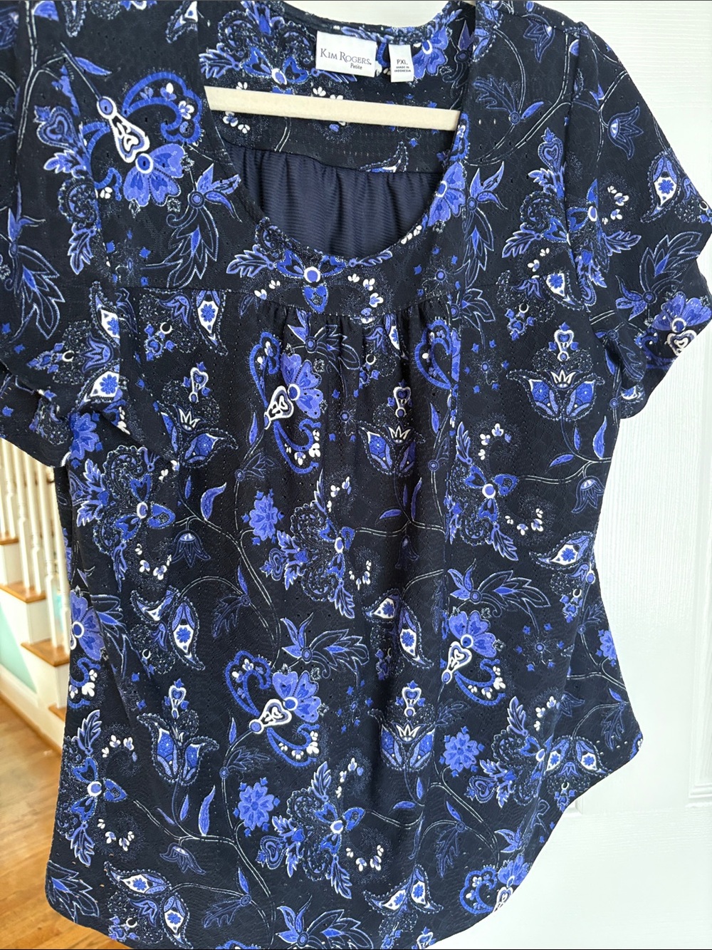 Kim Rogers Navy and Blue Floral Scoop-Neck Blouse